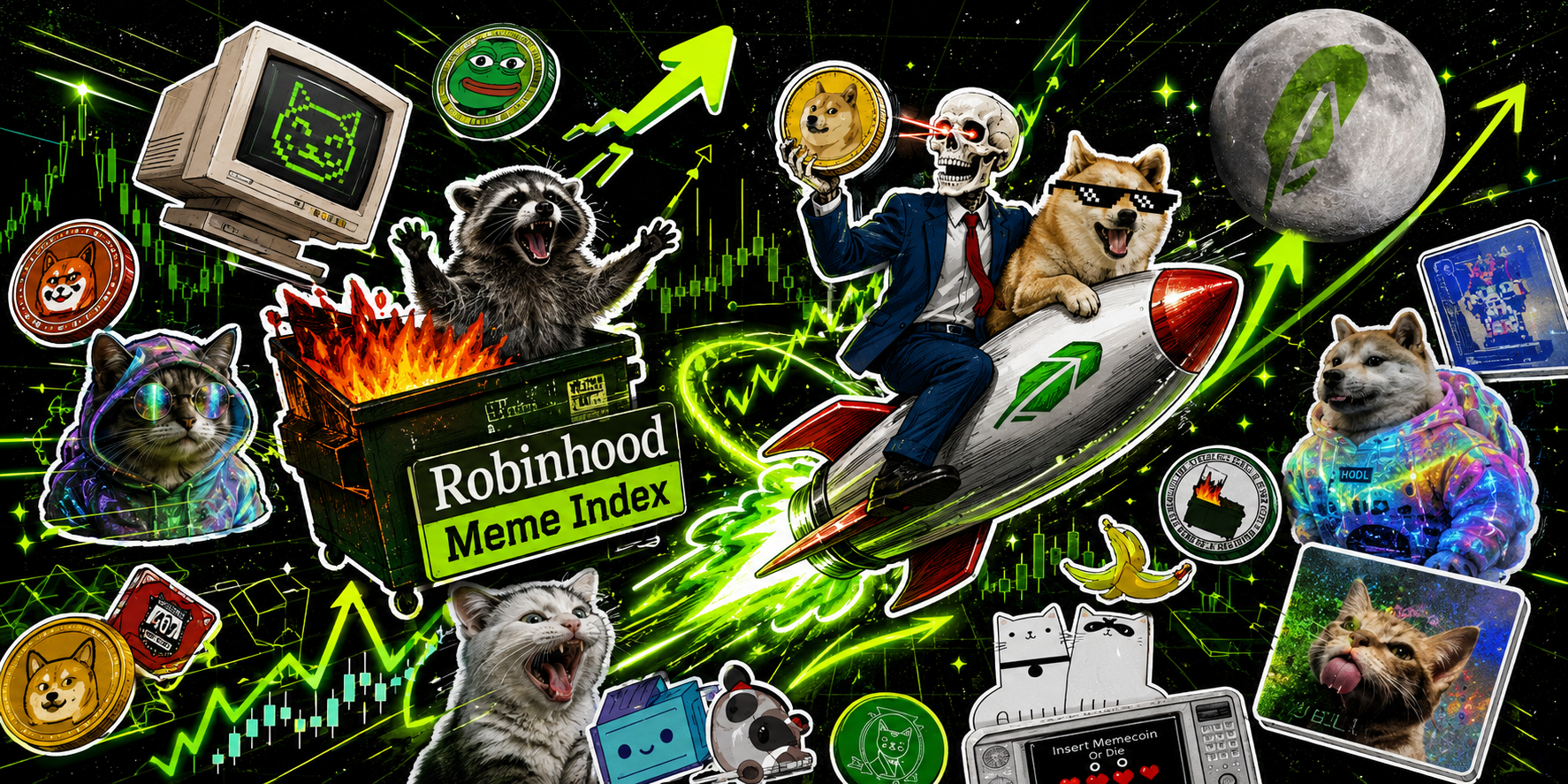 Robinhood Meme Index collage — trading floor of memes